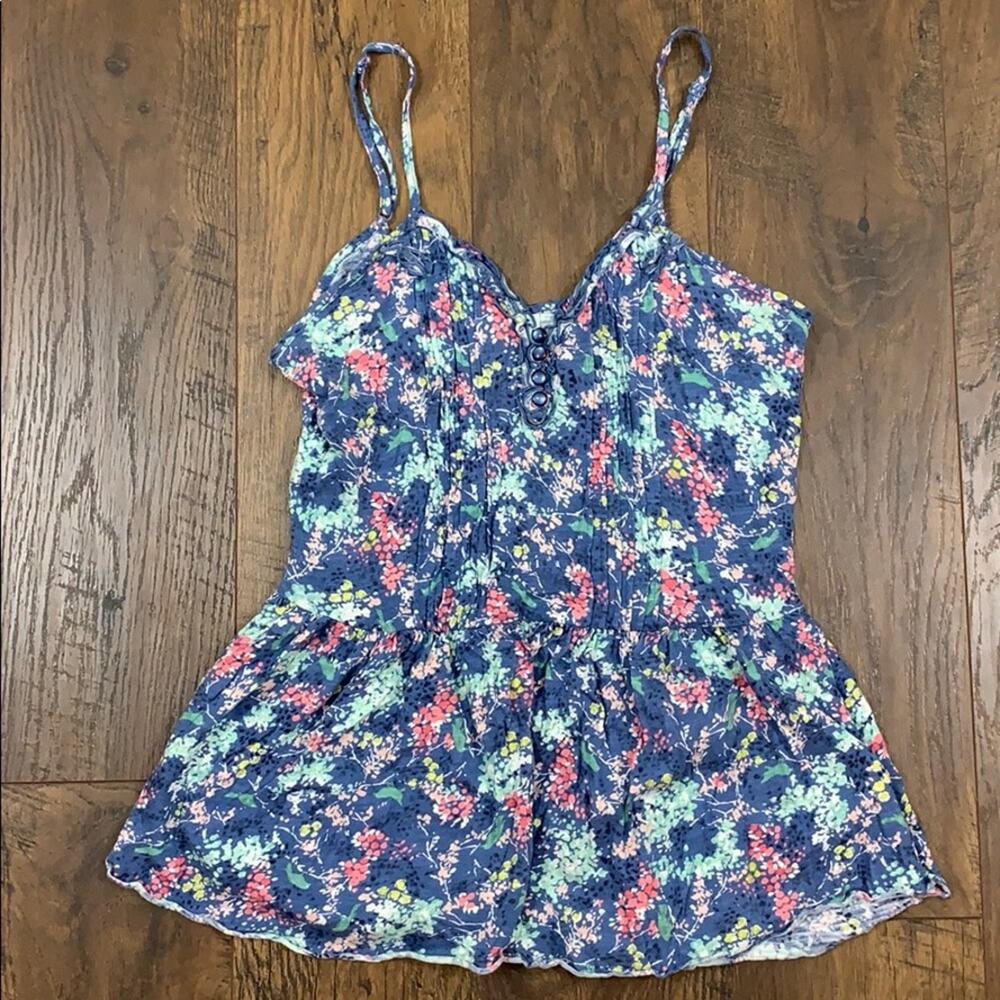 Lauren Conrad blue floral/bird print peplum tank